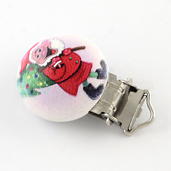 Christmas Santa Claus Pattern Printed Wooden Baby Pacifier Holder Clip with Iron Clasp, Flat Round, Platinum, FireBrick, 30x30mm