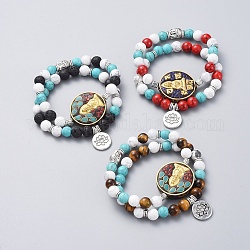 Ensembles de bracelets extensibles à thème bouddhiste guan yin et lotus, bracelets empilables, avec des perles indonésiennes faites à la main en laiton, perles rondes de pierres précieuses naturelles et synthétiques et perles et pendentifs en alliage de style tibétain, 2-1/8 pouce (5.5 cm), 2 pièces / kit