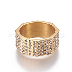 イオンプレーティング（ip）304ステンレスフィンガー指輪  ラインストーン付き  クリスタル  ゴールドカラー  サイズ8~13  18~23mm