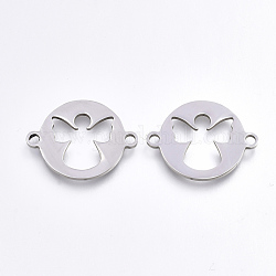 201 Stainless Steel Links connectors, Laser Cut Links, Flat Round with Angel, Stainless Steel Color, 15.5x20x1mm, Hole: 1.5mm