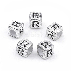 Branelli acrilici placcati, foro orizzontale, cubo con lettera, argento antico, letter.r, 6mm, Foro: 3 mm