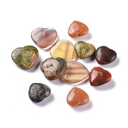 Perles de gemme mélangées naturelles, la moitié foré, cœur, 12~15x12~15x5mm, Trou: 1.4mm