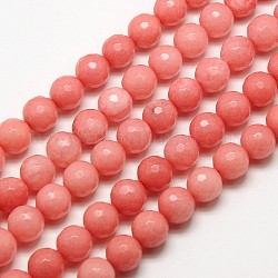 Chapelets de perles en jade de Malaisie naturelle, perles à facettes ronde teints, corail lumière, 8mm, Trou: 1mm, Environ 45 pcs/chapelet, 14.3 pouce
