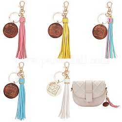 WADORN 5 Colors PU Leather Tassel Keychain, Wooden Round Pendant Key Rings PU Leather Car Key Holder with Swivel clasp for Handbag Backpack Hanging Tassels Decoration