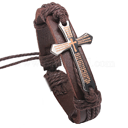 Bracelets de cordon en cuir tressé réglable en fer, croix avec le mot, (police aléatoire de couleur unique ou couleur mélangée aléatoire), couleur argentée, brun, 2-3/8 pouce (60 mm)