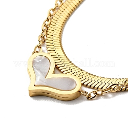 Doppelschicht-Halskette mit Herzanhängern aus synthetischer weißer Muschel, Ionenplattieren (IP) 304 Edelstahlschmuck für Frauen, golden, 15.35 Zoll (39 cm)