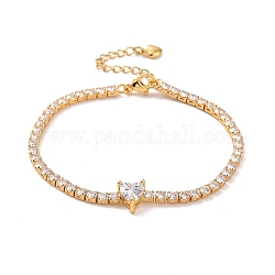 Bracelet tennis en zircone cubique transparente avec coeur, bracelet chaîne à maillons carrés en laiton pour femme, véritable 18k plaqué or, 7-3/8 pouce (18.8 cm)