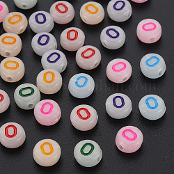 Acrylic Beads, Glow in the Dark, with Enamel and Luminous, Horizontal Hole, Flat Round with Alphabet, Letter.O, 6.5x7x4mm, Hole: 1.6mm, about 3600pcs/500g