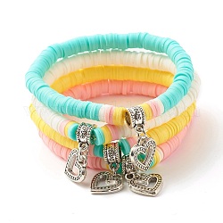 Bracelets élastiques faits à la main de perles heishi en pâte polymère, mot amour bracelets à breloques coeur pour femme, couleur mixte, diamètre intérieur: 2 pouce (5.2 cm), 4 pièces / kit