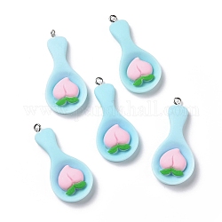 Opaque Resin Pendants, with Platinum Tone Iron Loops, Imitation Food, Spoon with Peach, Light Sky Blue, 42x18.5x6mm, Hole: 2mm