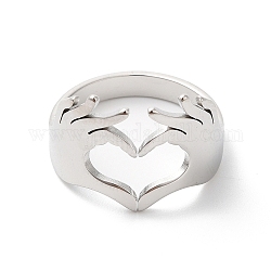 304 anello per polsino aperto da donna con cuore a mano in acciaio inossidabile, colore acciaio inossidabile, diametro interno: 17mm