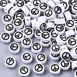 Opaque Acrylic Beads, with Enamel, Flat Round with Peace Sign, Black, White, 7x4mm, Hole: 1.6mm, about 3650pcs/500g