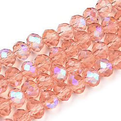 Electroplate Glass Beads Strands, Half Rainbow Plated, Faceted, Rondelle, Salmon, 10x8mm, Hole: 1mm, about 63~65pcs/strand, 19.2~20 inch(48~50cm)
