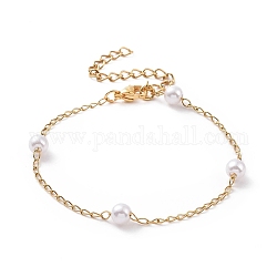 Pulseras redondas de cuentas de perlas de imitación de plástico, con chapado al vacío 304 cadenas de freno de acero inoxidable, blanco, dorado, 6-1/8 pulgada (15.7 cm)