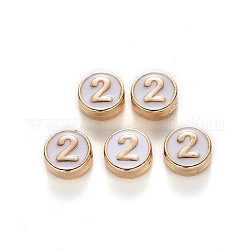 Alloy Enamel Beads, Flat Round, Number, Cadmium Free & Lead Free, Light Gold, White, 8x3.5mm, Hole: 1.5mm