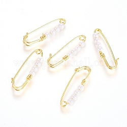 Brass Kilt Pin Brooch Findings, Long-Lasting Plated, with Shell Pearl Beads, White, Real 18K Gold Plated, 23x7.5x2.5mm, Hole: 1.4mm