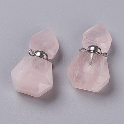 Hexagon Natural Rose Quartz Perfume Bottle Pendants, with 304 Stainless Steel Findings, Faceted, Stainless Steel Color, 27~27.5x16~17x8mm, Hole: 1.4mm, Capacity: 0.1ml(0.00fl. oz)