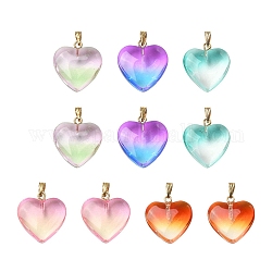 10 pendentif en verre transparent bicolore, 5 couleurs., avec accessoires en fer plaqués or , breloques de coeur, couleur mixte, 22x20.5x7mm, Trou: 6x2mm, 2 pcs / couleur