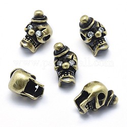Messing Perlen, mit klaren Zirkonia, Cadmiumfrei und Nickel frei und Bleifrei, Schädel, Antik Golden, 14x8.5x10.5 mm, Bohrung: 2 mm