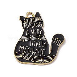 Charme de thème musical, Pendentifs d'émail en alliage, chat avec des partitions de musique et un mot, or, noir, 28x22.5x1.2mm, Trou: 2mm
