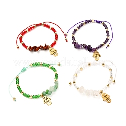 Hamsa Hand /Hand of Miriam Charm Braided Bead Bracelet, Natural Mixed Stone Chip & Glass Beads Bracelet for Her, Golden, Mixed Color, Inner Diameter: 1-7/8~3-3/8 inch(4.9~8.5cm)
