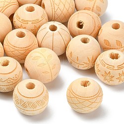 Perles européennes en bois naturel non fini, Perles avec un grand trou   , sans plomb, motif gravé au laser, ronde avec motif, couleur mixte, 15.5x14.5mm, Trou: 4mm