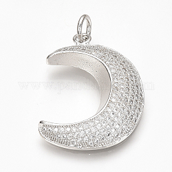 Ottone micro spianare pendenti zirconi, con anelli di salto, luna, platino, 28.5x20.5x5mm, Foro: 3.5 mm