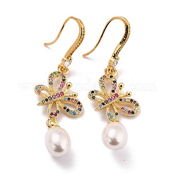 Farfalla con perle di imitazione di perle scintillanti orecchini pendenti con zirconi cubici per lei, orecchini in vero ottone placcato oro 18k, colorato, 53mm, ago :0.8mm