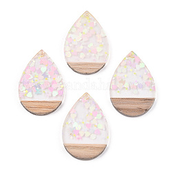 Transparent Resin & White Wood Pendants, Teardrop Charms with Paillettes, Clear, 36.5x24.5x3mm, Hole: 2mm