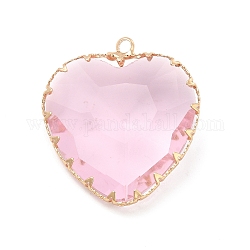 Pendentifs en verre K9, breloques de coeur, avec des accessoires en laiton doré clair, facette, lumière rosaline ab, 31x28x9mm, Trou: 2mm