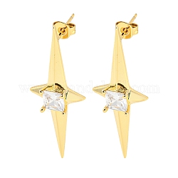 Star Shape Rack Plating Brass Micro Pave Cubic Zirconia Dangle Stud Earrings, Long-Lasting Plated, Cadmium Free & Lead Free, Real 18K Gold Plated, 38x13.5mm