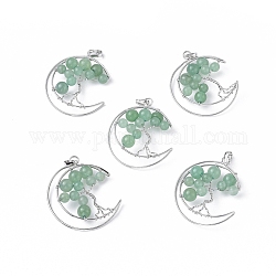 Gros pendentifs en aventurine verte naturelle, avec les accessoires en laiton de tonalité de platine, lune avec arbre, 50~53x41~43x8~10mm, Trou: 7x5mm