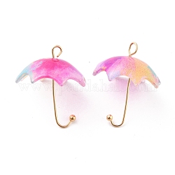 Colgantes de acrílico, con chapado de oro fornituras de aleación, Paraguas 3d con estampado de flores., color de rosa caliente, 23x18x18mm, agujero: 1.6 mm