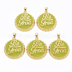 Brass Enamel Pendants, Cadmium Free & Nickel Free & Lead Free, Real 16K Gold Plated, Bottle Cap with Word Be Free, Yellow Green, 27x25x4.5mm, Hole: 4.5x3.5mm