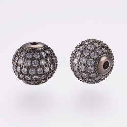 Long-Lasting Plated Brass Micro Pave Cubic Zirconia Beads, Round, Gunmetal, 10mm, Hole: 1.5mm