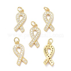 Brass Micro Pave Clear Cubic Zirconia Pendants, with Jump Ring, Long-Lasting Plated, Awareness Ribbon Shape, Real 18K Gold Plated, 21x9x2mm, Jump Rings: 5x1mm, 3mm Inner Diameter