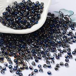 Perles de rocaille en verre d'iris, demi-plaqué, deux tons, ronde, bleu minuit, 8/0, 3x2mm, Trou: 1mm