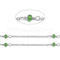 Edelstahl-Kabelketten, mit facettierten Unterlegscheibe-Glasperlen und Spule, gelötet, Edelstahl Farbe, lime green, 2x1.5x0.3 mm, ca. 32.8 Fuß (10m)/Rolle