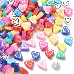 200pcs 10 couleurs perles d'argile polymère faites à la main, cœur, couleur mixte, 10x10x4.5mm, Trou: 1.4mm, 20 pcs / couleur