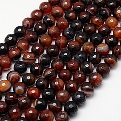 Natural Striped Agate/Banded Agate Beads Strands, Faceted, Dyed, Round, Saddle Brown, 10mm, Hole: 1.2mm
