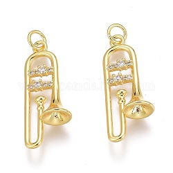 Brass Micro Pave Clear Cubic Zirconia Pendants, Long-Lasting Plated, With Jump Rings, Musical Instrument, Real 18K Gold Plated, 22.5x9x6mm, Hole: 2mm, Jump Ring: 4x0.5