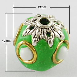 Handmade Indonesia Beads, with Alloy Cores, Round, Antique Silver, Floral White, 12x13x13mm, Hole: 2mm
