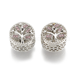 Perles de strass en alliage, creux, Perles avec un grand trou   , rond et plat avec un arbre, platine, rose, 12x11mm, Trou: 5.5mm