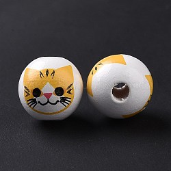 Perles européennes en bois imprimées, Perles avec un grand trou   , rond avec motif chat, or, 15.5~16x14.5~15mm, Trou: 4.6mm
