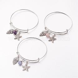 Verstellbare Eisencharmearmbänder, mit Edelstein runde Perlen und Legierungsanhänger, Seesterne / Seesterne & Pusteln, 67 mm