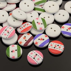 2-Hole Flat Round Star Printed Wooden Sewing Buttons, Dyed, Mixed Color, 13x4mm, Hole: 1mm