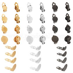 Unicraftale 24 pièces 12 styles 304 boucles d'oreilles à clips en acier inoxydable et en laiton, avec coussin plat rond, plat rond, couleur mixte, Plateau: 8~14 mm, 18x8~14x6~6.5mm, Trou: 3mm, 2 pièces / style