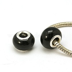 Glass Beads, Handmade Lampwork European Beads, with Silver Plated Brass Core, Rondelle, Black, about 14mm wide, 10mm long, hole: 5mm