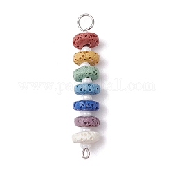 Breloques de connecteur de perles teints en pierre de lave naturelle chakra, avec des perles de rocaille en verre blanc, liens de disque, platine, 45x8mm, trou: 1.5 mm et 4 mm