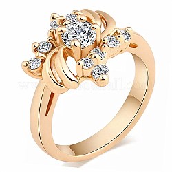 Brass Rhinestone Finger Rings, Flower Shape, Golden, Crystal, US Size 7(17.3mm)